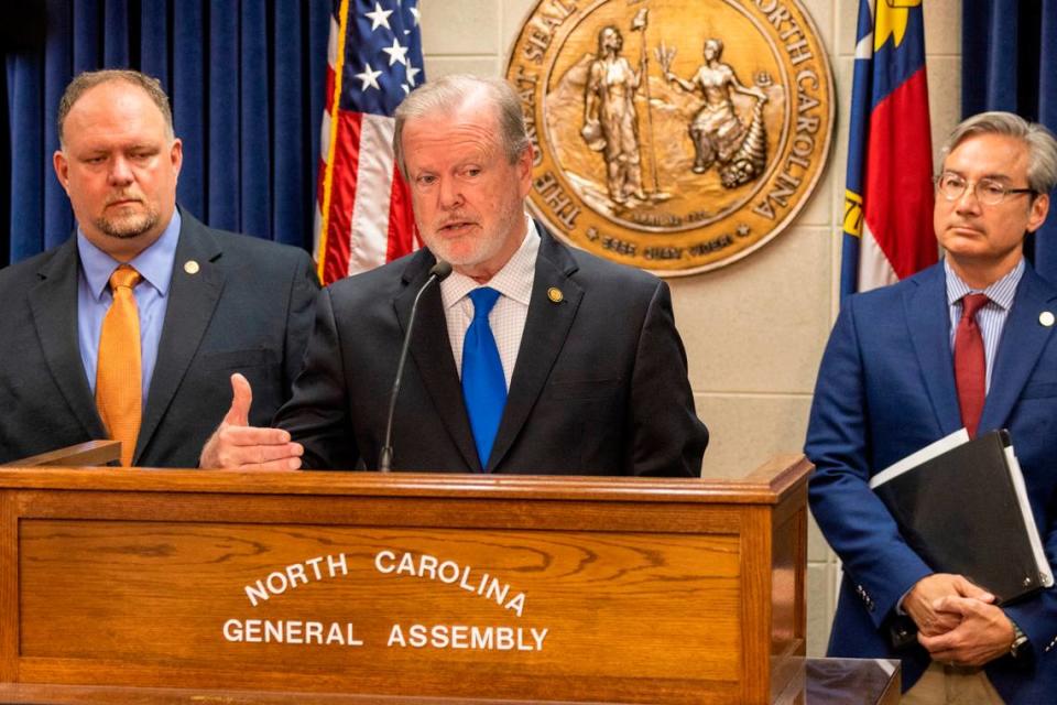 Senate President Pro Tempore Phil Berger, center, outlines the Senate Republicans’ budget proposal during a press conference on Monday, May 15, 2023 at the Legislative Building in Raleigh.