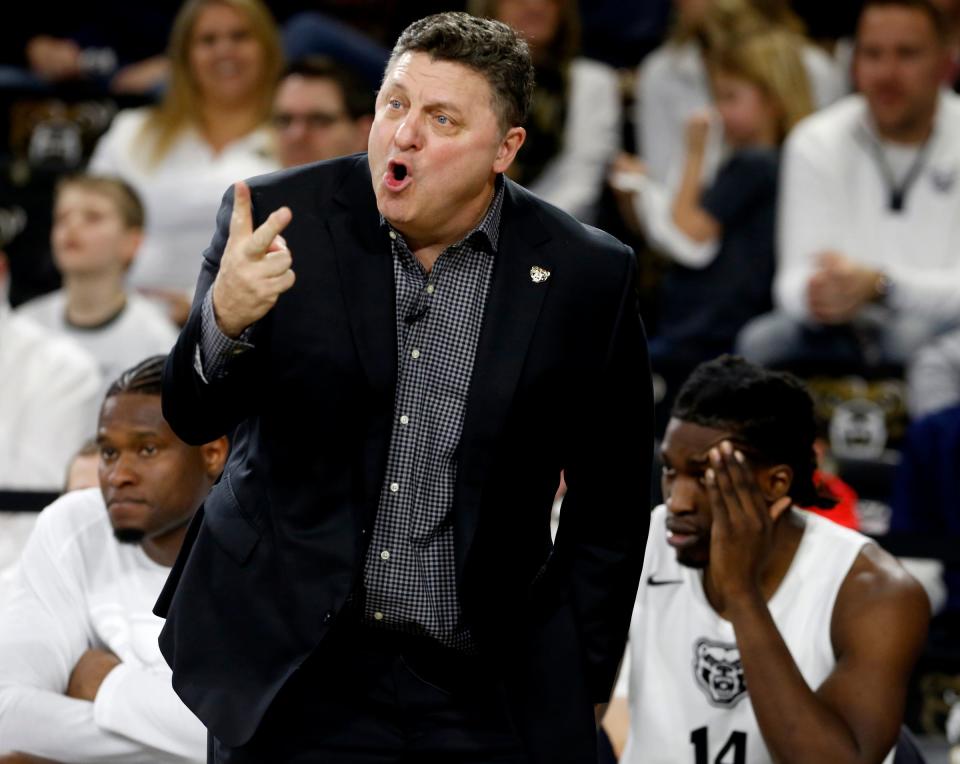 Oakland University coach Greg Kampe yells instructions to his players during the 95-75 win against Detroit Mercy at the O'rena in Rochester, Saturday, Feb. 23, 2019.