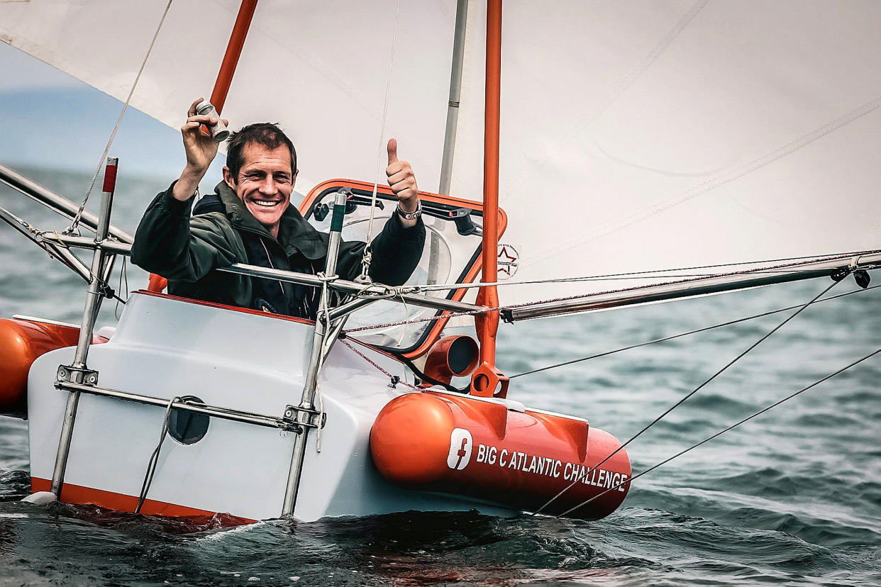 These incredible photos show a daredevil dad taking to the water is his ONE-METRE-long boat for the first time â€“ which he hopes to sail 1,900 miles across the Atlantic Ocean.  See SWNS story SWLEboat.  Andrew Bedwell, 48, who will set off from Newfoundland, Canada, in May next year, compared the journey to being â€œstuck in a wheelie bin, on a rollercoaster for 90 daysâ€.  The mariner came up with the idea after reading a book by current record holder Hugo Vihlen, who made the perilous passage in a 1.6m (5ft 4inch) boat 30 years ago.  His fibreglass boat - which is half a metre shorter and has a top speed of 2.5mph - is a modified version of a ship that another ex-record holder, Tom McNally, designed.  During Andrew's expected three-month crossing, he'll survive off a protein-rich substance that's moulded around the internal walls of the cockpit to save space.  The thrill-seeking father-of-one admitted his wife thinks heâ€™s â€œcrackersâ€ but said he wanted to achieve something â€œamazingâ€ before he tu