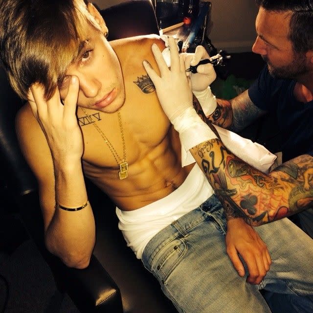 We weren’t aware that getting arm tattoos necessitated the complete removal of one’s shirt. Bieber’s favorite tattoo parlors must have special rules. (Photo: Instagram)