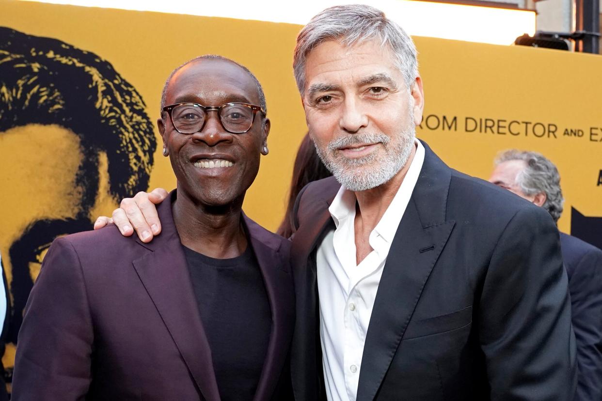 Don Cheadle and George Clooney attend the premiere of Hulu's "Catch-22" on May 07, 2019 in Hollywood, California.