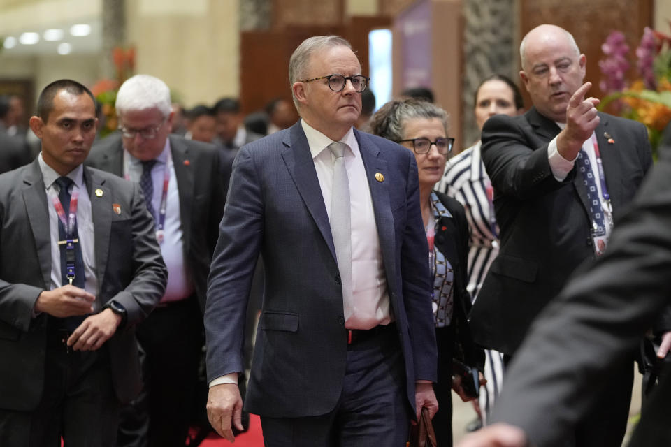 Australian Prime Minister Anthony Albanese, center, leaves after attending the East Asia Summit at the Association of Southeast Asian Nations (ASEAN) Summit in Jakarta, Indonesia, Thursday, Sept. 7, 2023. (AP Photo/Achmad Ibrahim, Pool)