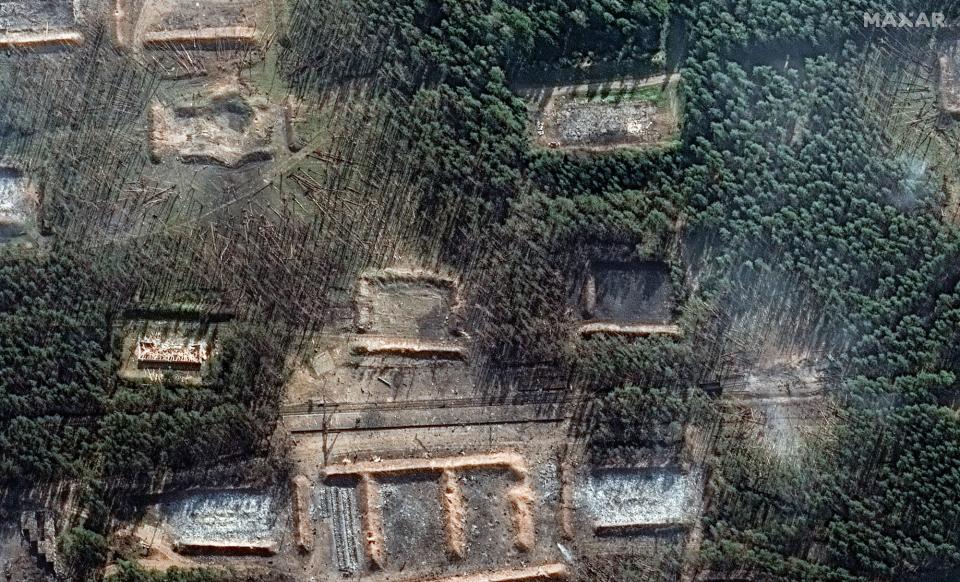 A close-up view of destroyed buildings and downed trees at Oktyabrsky on September 22.