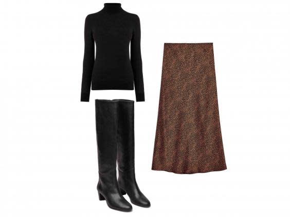 Polo Neck Jumper, £16, Warehouse; Spot Animal Satin Bias Midi Skirt, £35, Topshop; Knee-High Leather Boots, £225, Cos