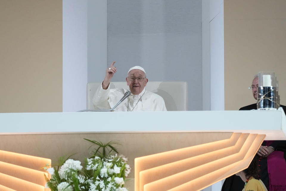 Pope Francis speaks to a crowd of hundreds of thousands gathered at the Parque Tejo in Lisbon, Saturday, Aug. 5, 2023, for a vigil ahead of the 37th World Youth Day. On Sunday morning, the last day of his five-day trip to Portugal, Francis is to preside over a final, outdoor Mass on World Youth Day – when temperatures in Lisbon are expected to top 40 degrees C (104F) – before returning to the Vatican. (AP Photo/Gregorio Borgia)