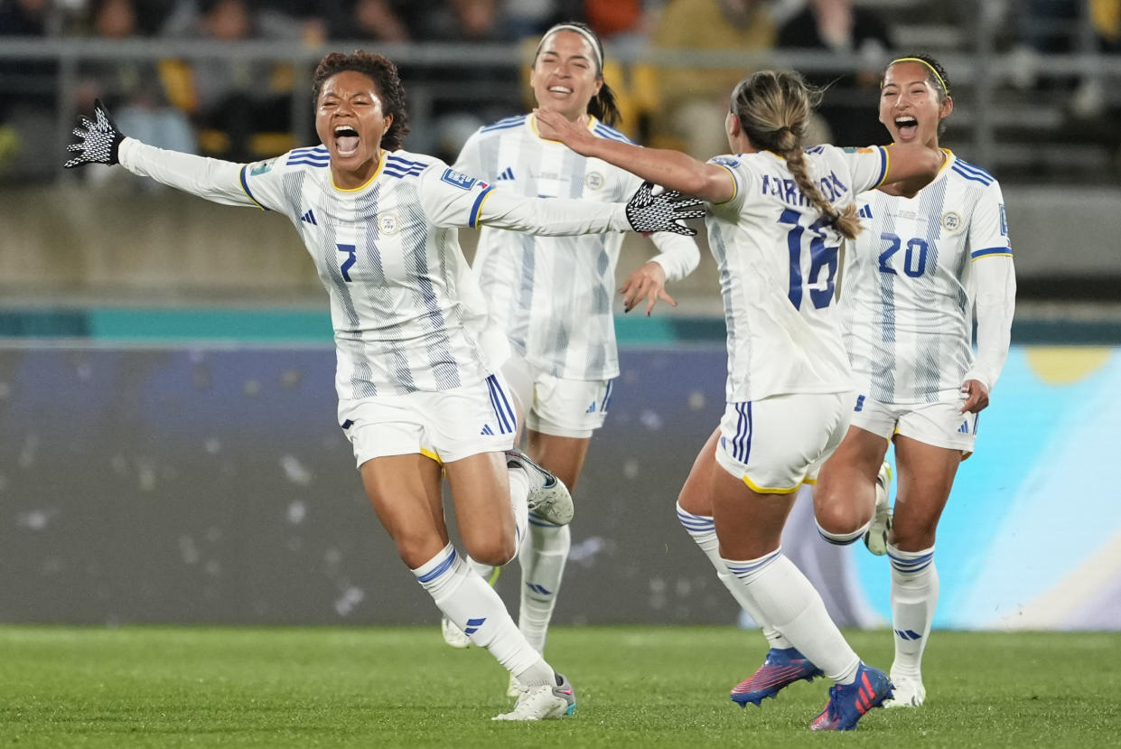 Philippines&#39; Sarina Bolden celebrates after scoring her team&#39;s first goal during the Women&#39;s World Cup Group A soccer match between New Zealand and the Philippines in Wellington, New Zealand, Tuesday, July 25, 2023. (AP Photo/John Cowpland)