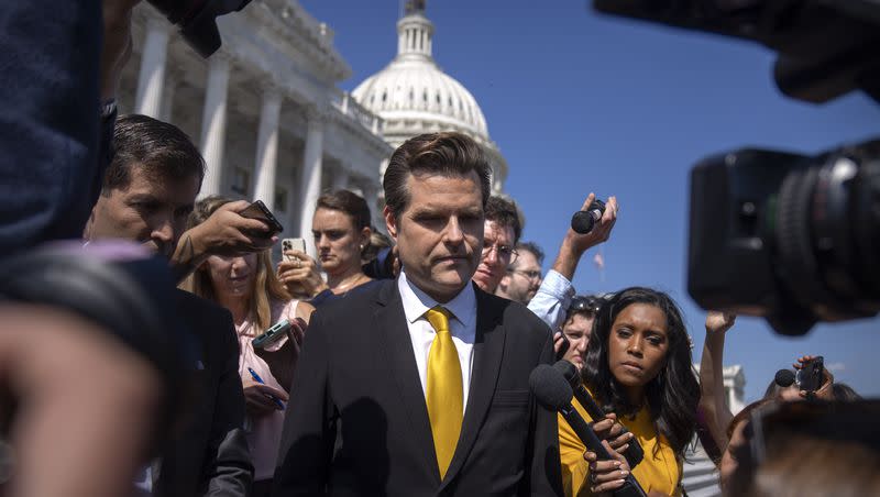 Rep. Matt Gaetz, R-Fla., speaks to reporters on the steps of the Capitol in Washington on Monday, Oct. 2, 2023.