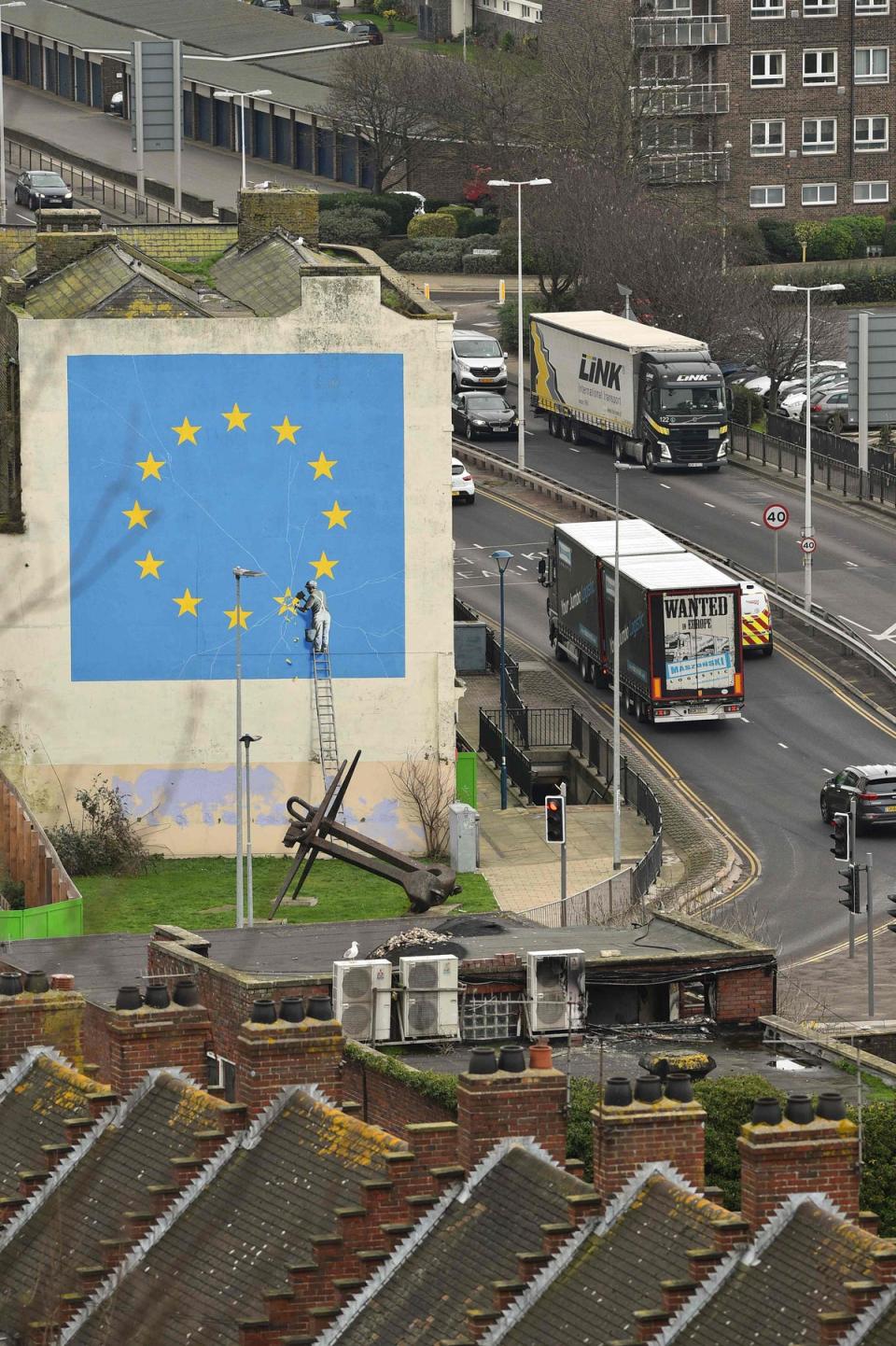 The artwork appeared in the coastal town a year after the UK voted to leave the EU (AFP/Getty Images)