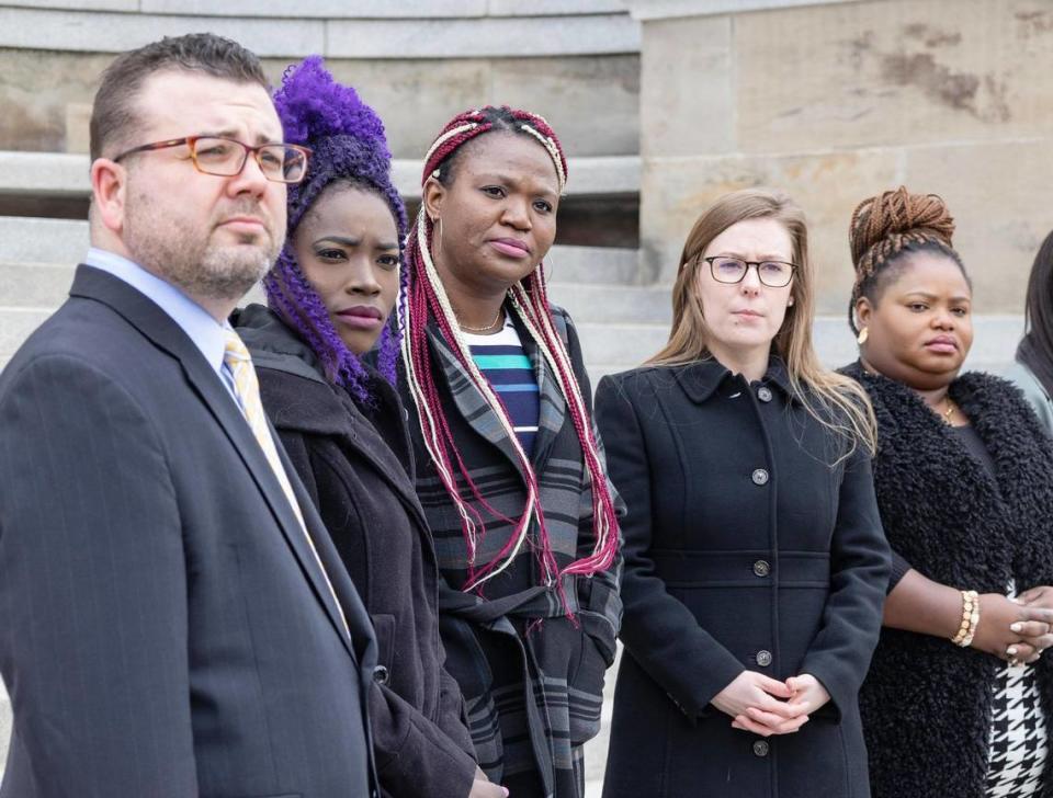 Cosmetology schools focus on hair cuts, styles and dye but provide little training on braiding. From left: Dan Alban, senior attorney, Institute for Justice; Tedy Okech; Sonia Ekemon; Caroline Grace Brothers, attorney, Institute for Justice; and Charlotte Amoussou.