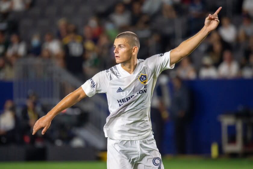 CARSON, CA - AUGUST 17: Dejan Joveljic #99 of Los Angeles Galaxy reacts.