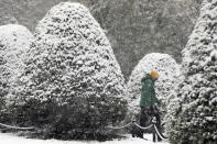 Snow falls on the Public Garden, Friday, Oct. 30, 2020, in Boston. (AP Photo/Michael Dwyer)