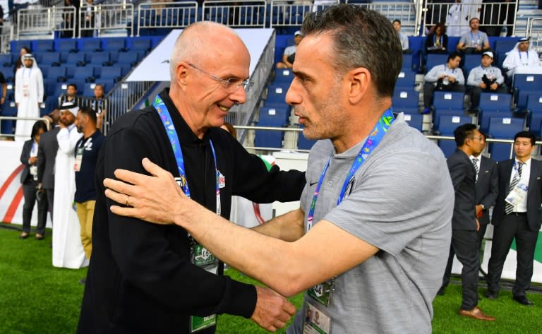 Philippines' coach Sven-Goran Eriksson (left) meets South Korea boss Paulo Bento before this week's Asian Cup game