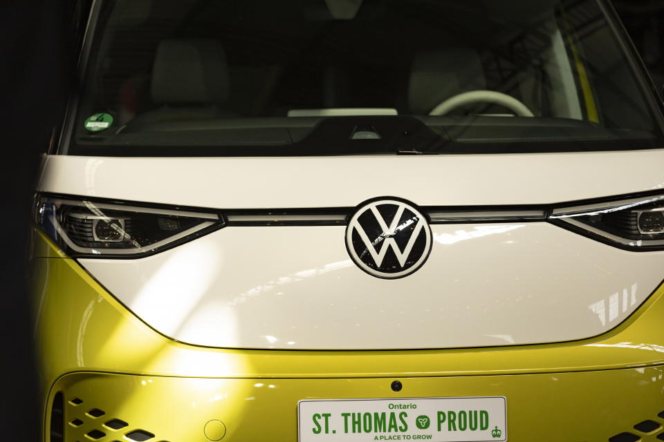 A Volkswagen vehicle is displayed as plans to build a Volkswagen electric vehicle battery plant in St. Thomas Ontario, are announced at the Elgin County Railway Museum, Friday, April 21, 2023. (Tara Walton/The Canadian Press via AP)