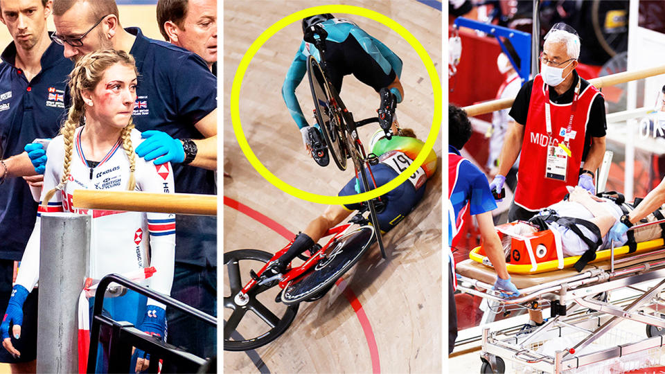 British rider Laura Kenny (pictured left) with a cut after a crash (pictured middle) during the scratch event at the Olympics and (pictured right) an official stretched off injured.