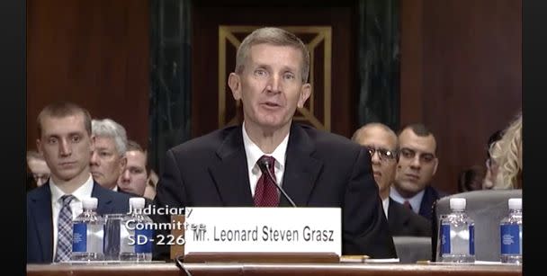 Here's Leonard Steven Grasz in his confirmation hearing, listening to Democratic senators read aloud all the reasons why he was deemed "not qualified" to be a judge. (Photo: CSPAN)