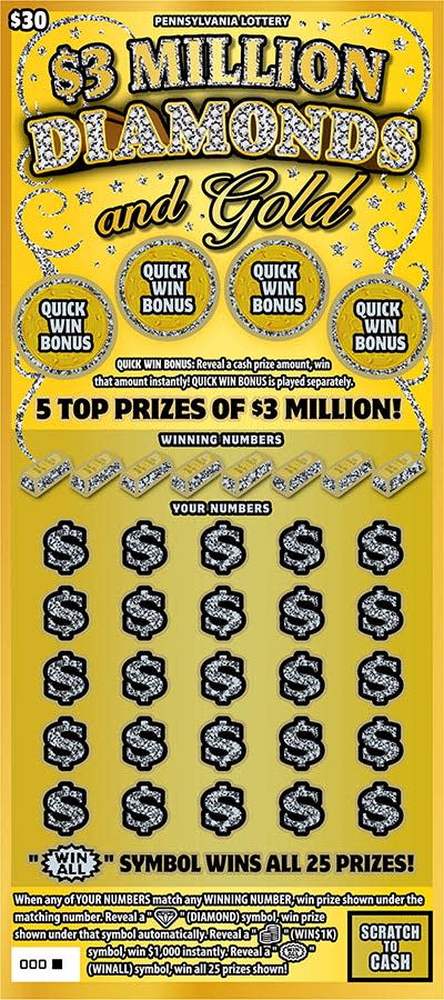 Pennsylvania Lottery's  $3 Million Diamonds and Gold Scratch-Off. A retailer in Southampton recently sold a $3 million winning scratch off to a customer.