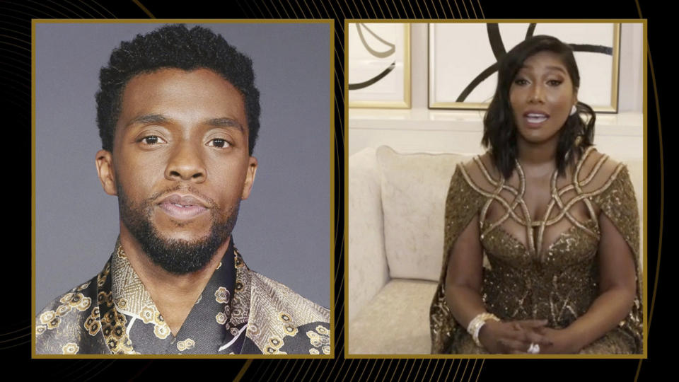 En esta imagen difundida por NBC el domingo 28 de febrero de 2021, Taylor Simone Ledward Boseman acepta el Globo de Oro al mejor actor en una película de drama en nombre de su difunto esposo, Chadwick Boseman, por su trabajo en "Ma Rainey's Black Bottom". (NBC via AP)