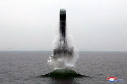This picture taken on the morning of October 2, 2019 and released by North Korea's official Korean Central News Agency (KCNA) on October 3, 2019 shows the test-firing of "the new-type SLBM Pukguksong-3" in the waters off Wonsan Bay of the East Sea of Korea