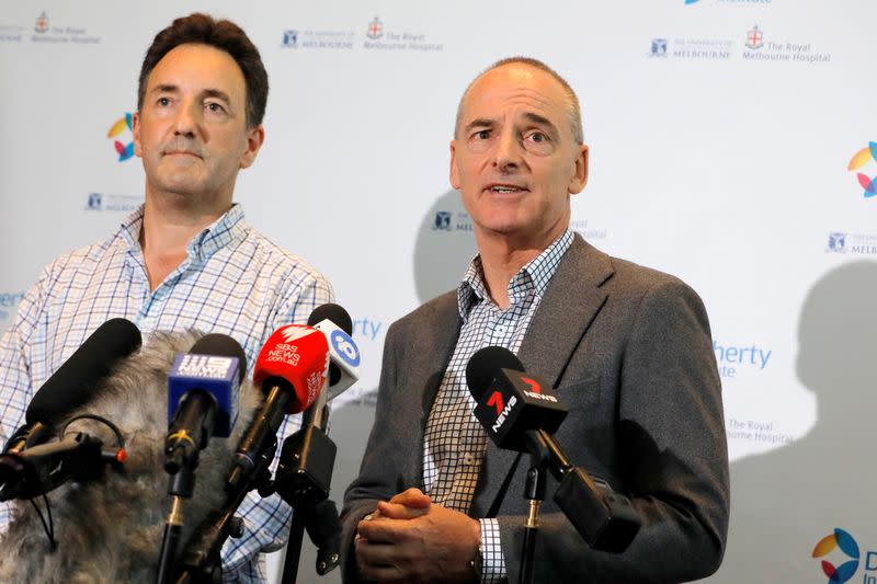 The Royal Melbourne Hospital's Dr Julian Druce, Virus Identification Laboratory Head at the Doherty Institute and Dr Mike Catton, Deputy Director of the Doherty Institute address media to announce having successfully grown the Wuhan coronavirus from a pati