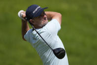 Justin Rose, of England, watches his tee shot on the 16th hole during the third round of the PGA Championship golf tournament at the Valhalla Golf Club, Saturday, May 18, 2024, in Louisville, Ky. (AP Photo/Matt York)