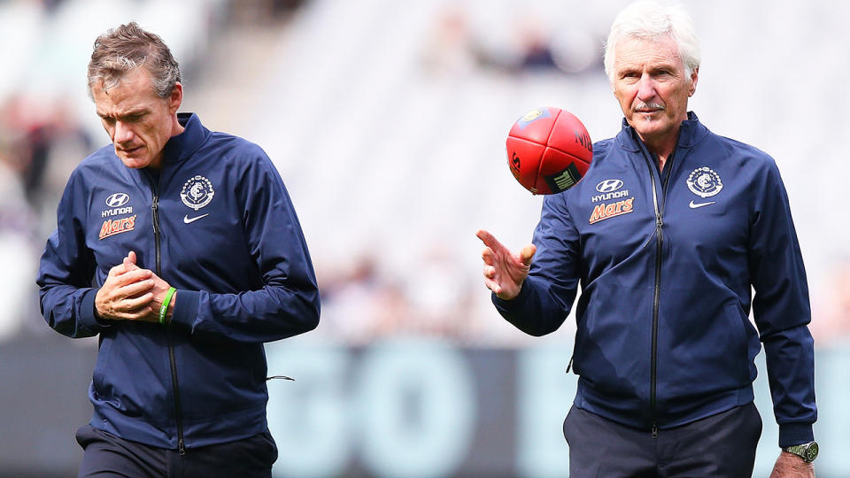 Dean Laidley and Mick Malthouse, pictured here at a Carlton game in 2015.