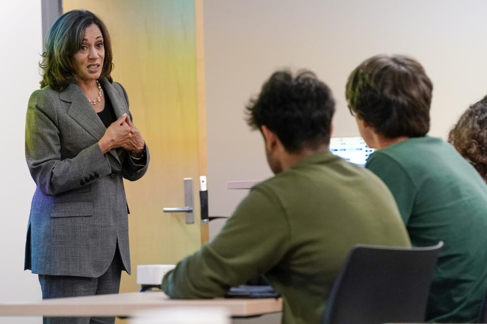 Vice President Kamala Harris talks to students in a political science class on the campus of the University of Wisconsin Milwaukee Thursday, Sept. 22, 2022, in Milwaukee. (AP Photo/Morry Gash)