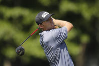 Seamus Power of Ireland hits from the 18th tee during the second round of the Rocket Mortgage Classic golf tournament, Friday, July 3, 2020, at the Detroit Golf Club in Detroit. (AP Photo/Carlos Osorio)