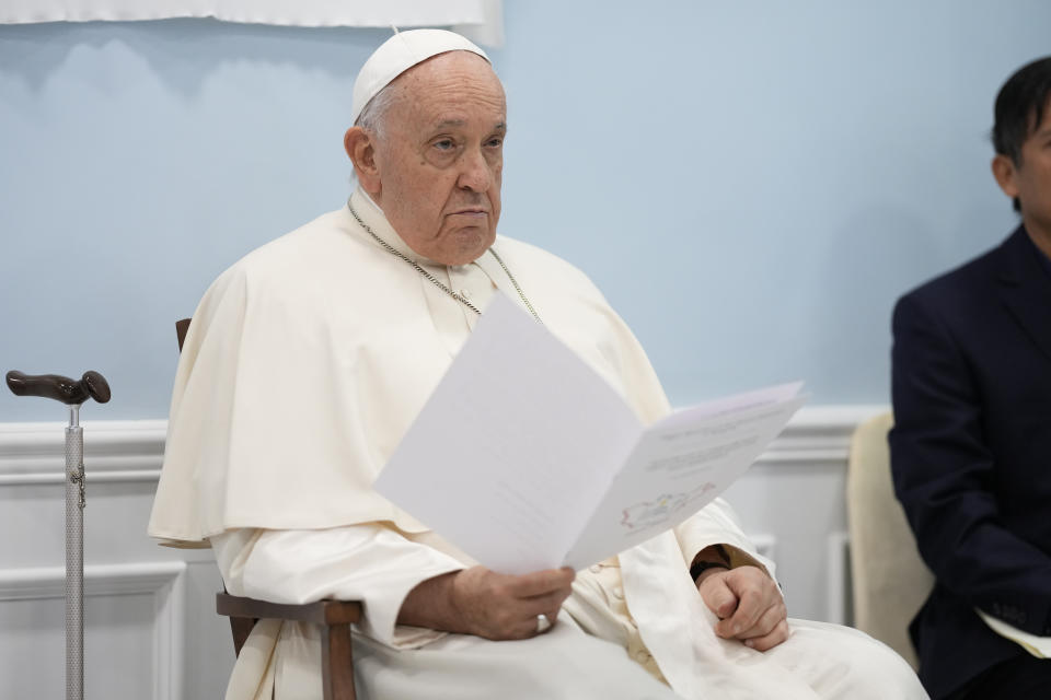 Pope Francis attends a meeting with charity workers and the inauguration of the House of Mercy in Ulaanbaatar, Monday, Sept. 4, 2023. Francis toured the House of Mercy in the final event of an historic four-day visit to a region where the Holy See has long sought to make inroads. (AP Photo/Andrew Medichini)