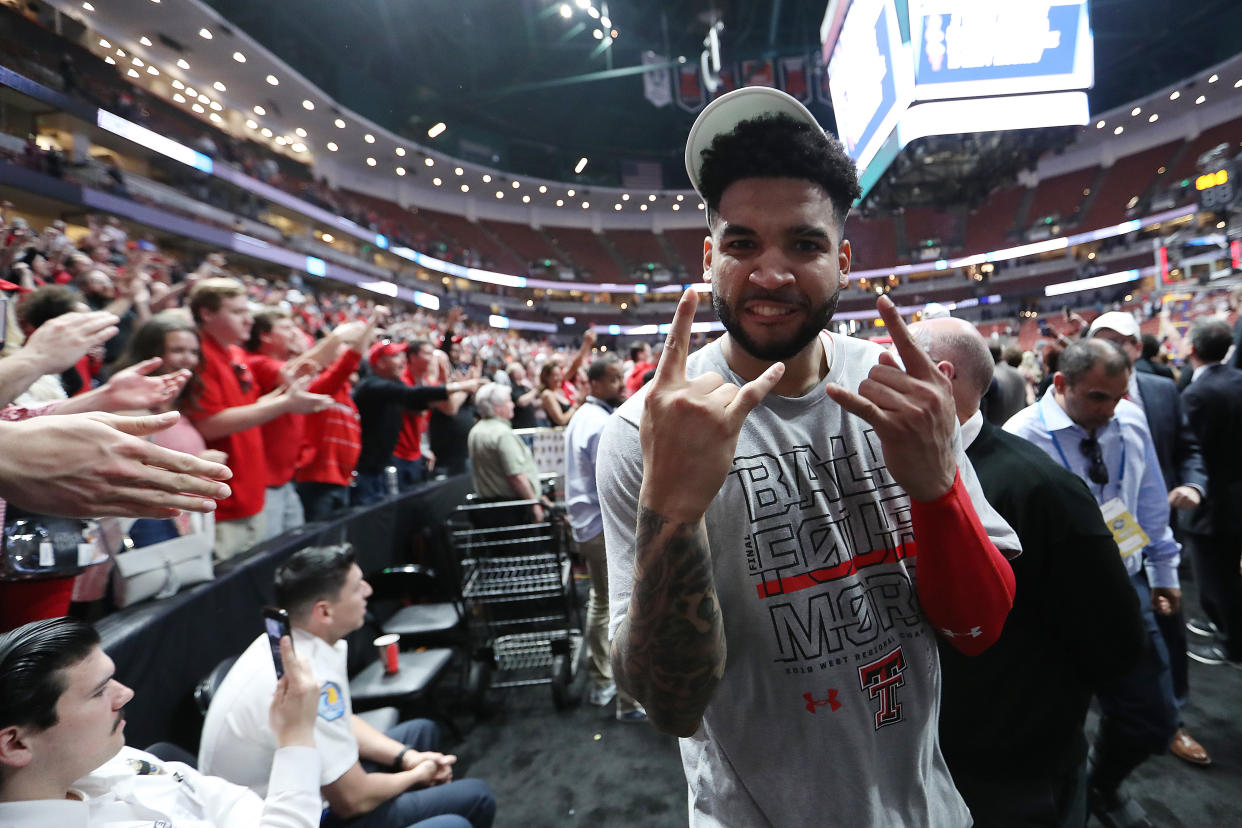 ANAHEIM, CALIFORNIA - MARCH 30: Brandone Francis #1 of the Texas Tech Red Raiders celebrates as he walks off the court after defeating the Gonzaga Bulldogs during the 2019 NCAA Men's Basketball Tournament West Regional at Honda Center on March 30, 2019 in Anaheim, California. (Photo by Sean M. Haffey/Getty Images)