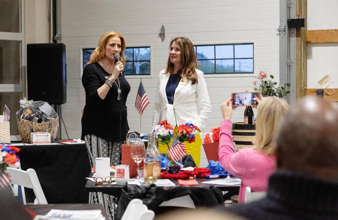 Idaho GOP vice chair Machele Hamilton, left, and Idaho Lt. Gov. Janice McGeachin, appear during a campaign fundraiser in Caldwell on April 21, 2022. Hamilton, who ran for the House District 12 seat, and McGeachin, a gubernatorial candidate, each lost their Republican primaries in May.