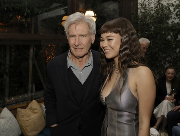 Harrison Ford (L) and Lukita Maxwell pose at the after party for the premiere of Apple TV+'s "Shrinking" at Ceccone's on January 26, 2023 in West Hollywood, California