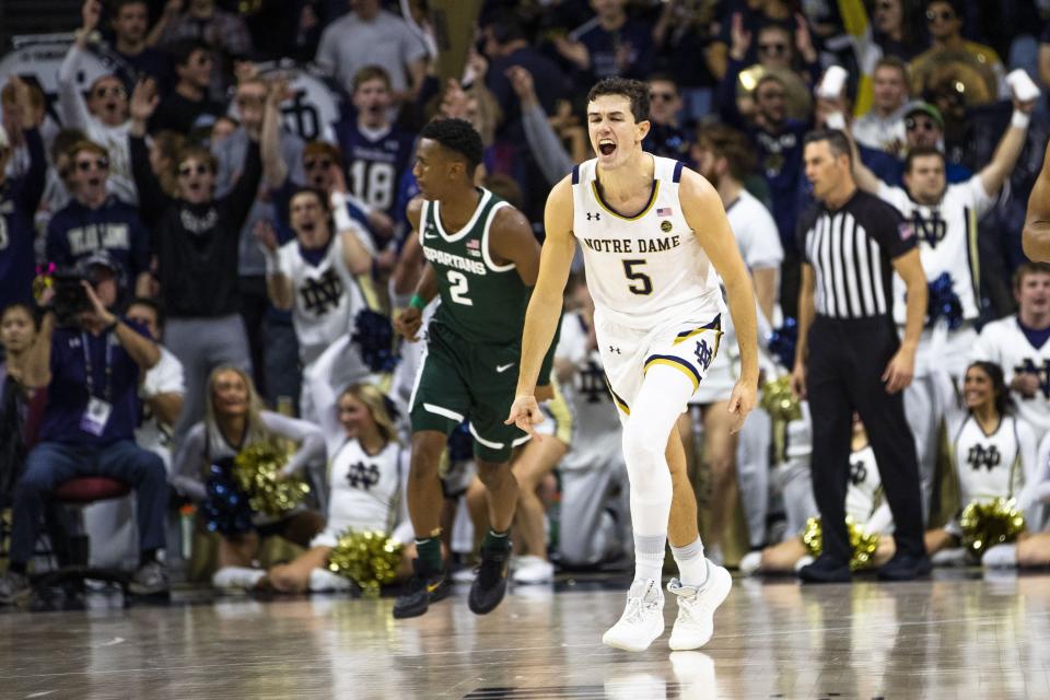 Notre Dame's Cormac Ryan celebrates during the first half on Wednesday, Nov. 30, 2022, in South Bend, Indiana.
