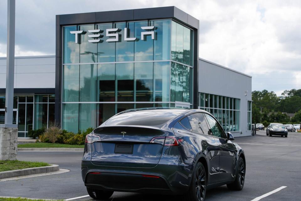 1 Tesla model sits on the lot at the Tesla dealership on Abercorn Street in Savannah.