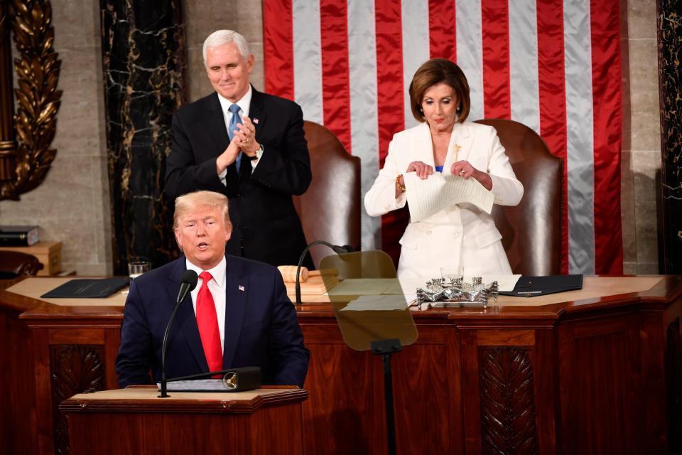 Speaker of the House Nancy Pelosi rips up the speech after President Donald J. Trump concludes delivering the State of the Union address from the House chamber of the United States Capitol in Washington on Tuesday, February 4, 2020.