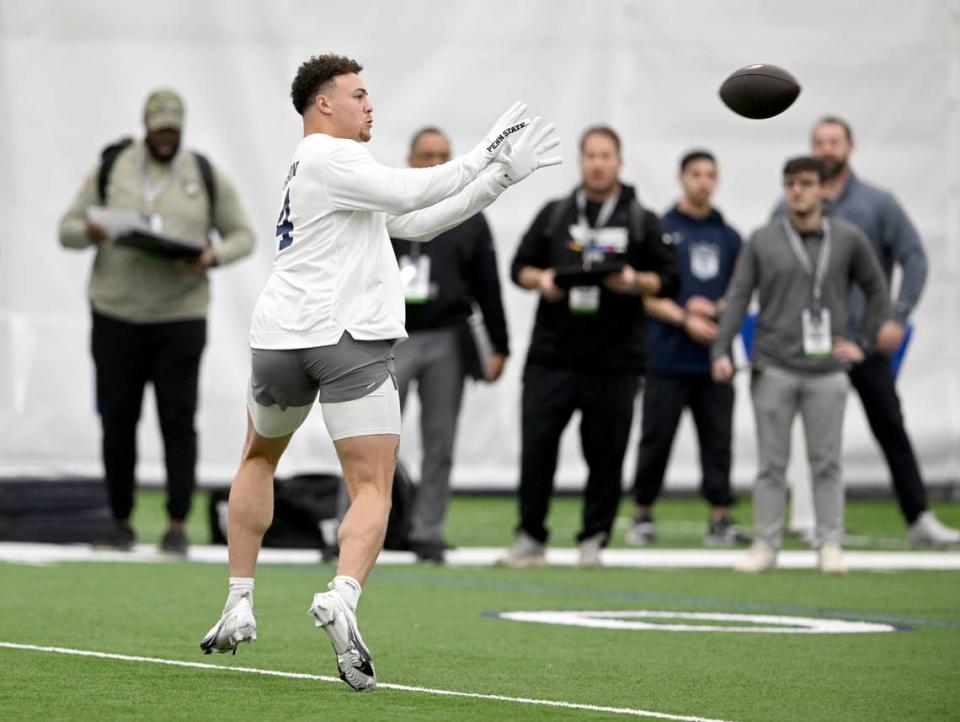 Tight end Theo Johnson makes a catch as he runs routes during Penn State’s Pro Day on Friday, March 15, 2024 in Holuba Hall.