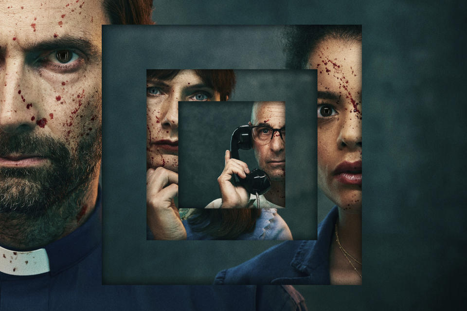 Inside Man,Key Art,L-R;Harry Watling (DAVID TENNANT);Janice Fife (DOLLY WELLS);Jefferson Grieff (STANLEY TUCCI);Beth Davenport (LYDIA WEST),Hartswood,Sam Barker