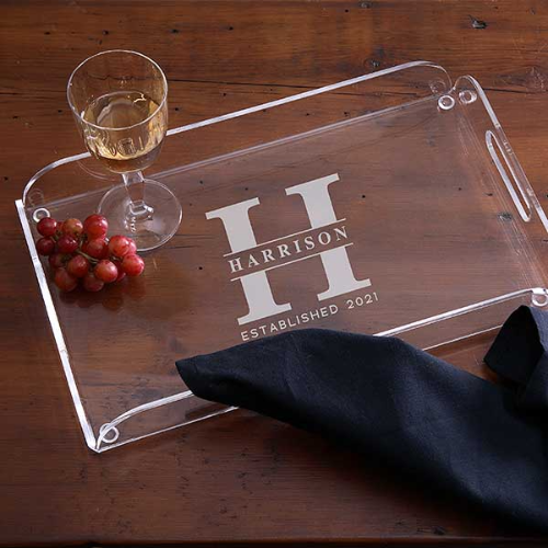clear personalized lucite tray with glass and grapes on top