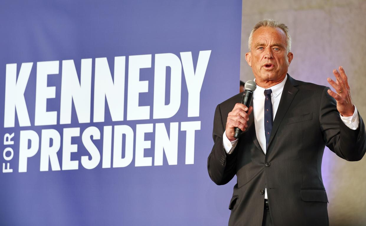 Independent presidential candidate Robert F. Kennedy Jr. speaks at a Cesar Chavez Day event at Union Station on March 30, 2024 in Los Angeles, California. The 70-year-old candidate is pushing Latino outreach in a long shot Independent bid in the 2024 presidential race.