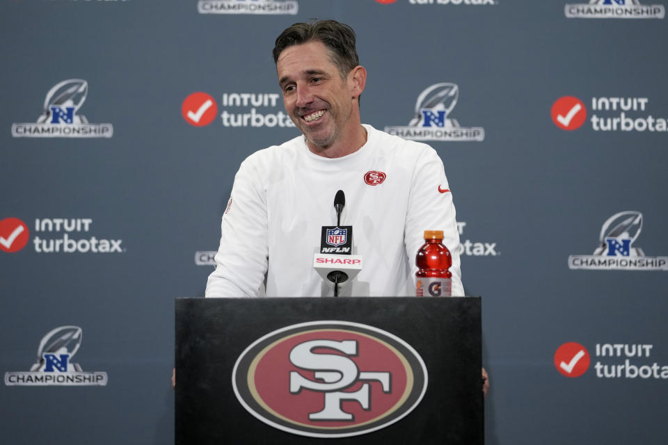 San Francisco 49ers head coach Kyle Shanahan smiles while speaking at a news conference after the NFC Championship NFL football game against the Detroit Lions in Santa Clara, Calif., Sunday, Jan. 28, 2024. (AP Photo/Godofredo A. Vásquez)