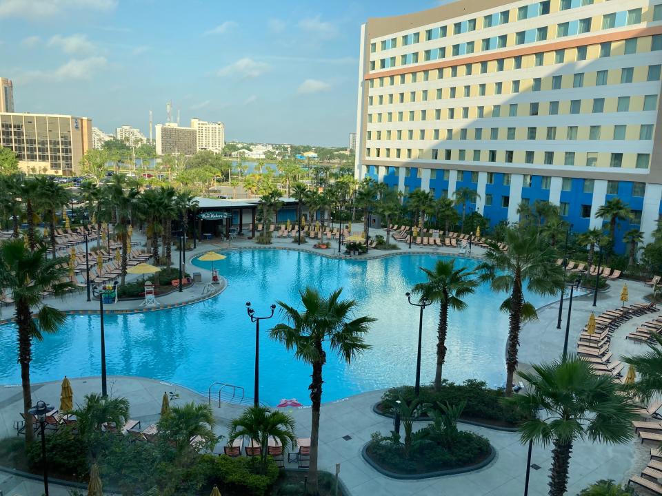 a large hotel pool outside of dockside