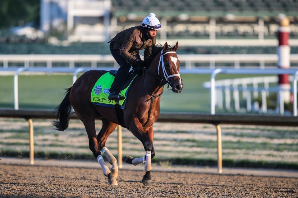 Kentucky Derby contender Verifying trains Monday morning at Churchill Downs in Louisville, Ky. April 24, 2023. The colt is trained by Brad Cox. Verifying came in second at the Toyota Blue Grass Stakes in Keeneland, fourth in the Rebel Stakes at Oaklawn park, sixth at the FanDuel Breeders' Cup Juvenile and second at the Champagne Stakes at the Belmont At The Big A.