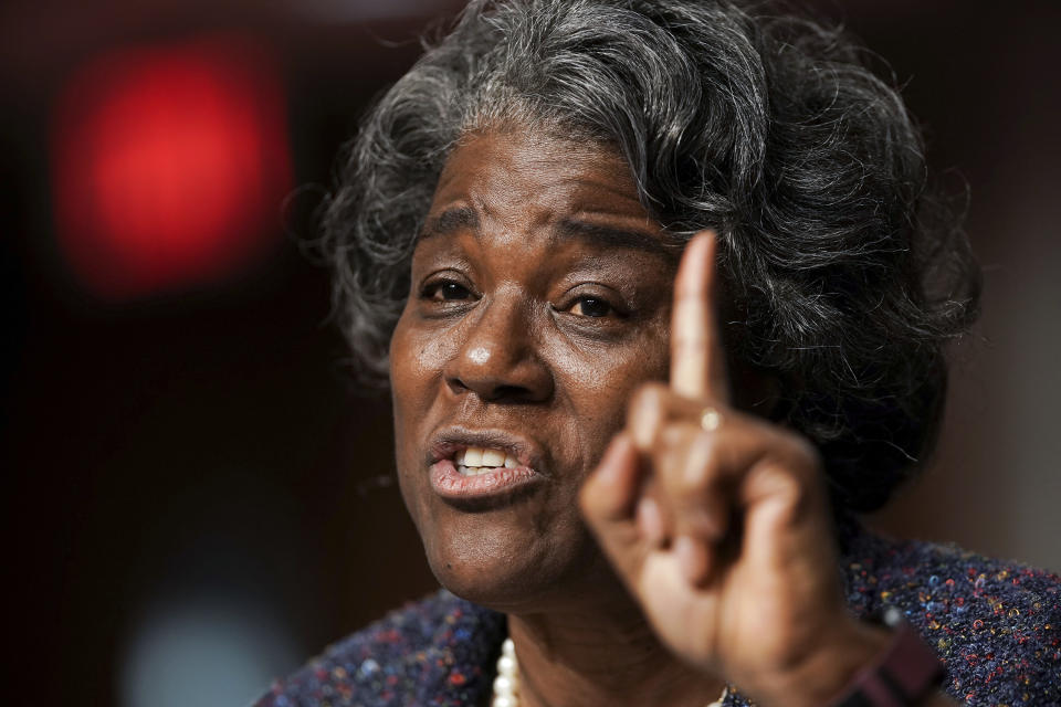 United States Ambassador to the United Nations nominee Linda Thomas-Greenfield testifies during for her confirmation hearing before the Senate Foreign Relations Committee on Capitol Hill, Wednesday, Jan. 27, 2021, in Washington. (Greg Nash/Pool via AP)