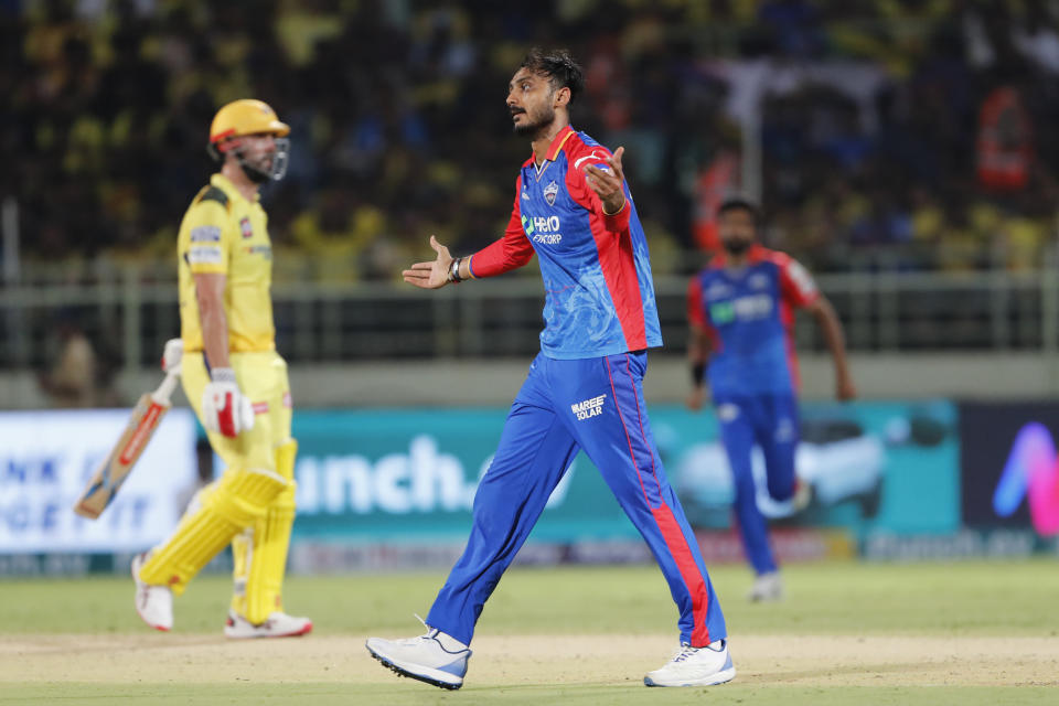 Delhi Capitals' Axar Patel celebrates the dismissal of Chennai Super Kings' Daryl Mitchell during the Indian Premier League cricket match between Delhi Capitals and Chennai Super Kings in Visakhapatnam, India, Sunday, March. 31, 2024.(AP Photo/ Surjeet Yadav))