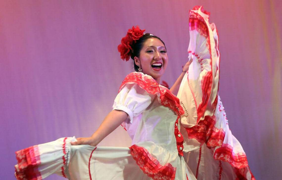 Rosario Hernández performs ‘Las Comaltecas’ from Colima at the Central East Danzantes de Tláloc 25th anniversary show at the Performing Arts Center on May 26, 2023.