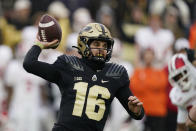 Purdue quarterback Aidan O'Connell therows during the first half of an NCAA college football game against Indiana, Saturday, Nov. 27, 2021, in West Lafayette, Ind.(AP Photo/Darron Cummings)