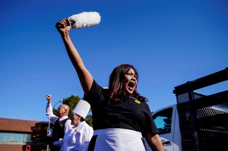 FILE PHOTO: Members of Culinary Workers Union Local 226 picket outside the Palms Casino Resort in Las Vegas