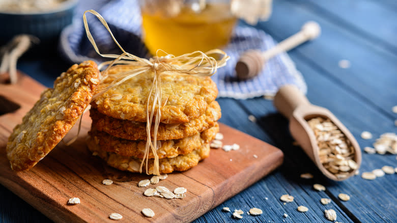 Homemade Anzac biscuits on table