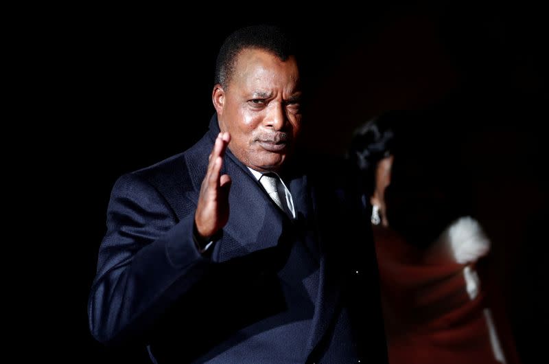 FILE PHOTO: Republic of the Congo's President Denis Sassou Nguesso and his wife Antoinette arrive to attend a visit and a dinner at the Orsay Museum in Paris