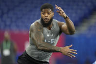 FILE - Florida State defensive lineman Jared Verse runs a drill at the NFL football scouting combine, Thursday, Feb. 29, 2024, in Indianapolis. Verse is a possible first round pick in the NFL Draft. (AP Photo/Michael Conroy, File)