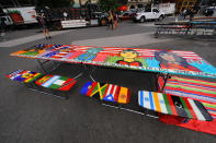 <p>The table on the theme of “Immigration: We are all equal” created by students on display in Union Square Park in New York City on June 5, 2018. (Photo: Gordon Donovan/Yahoo News) </p>